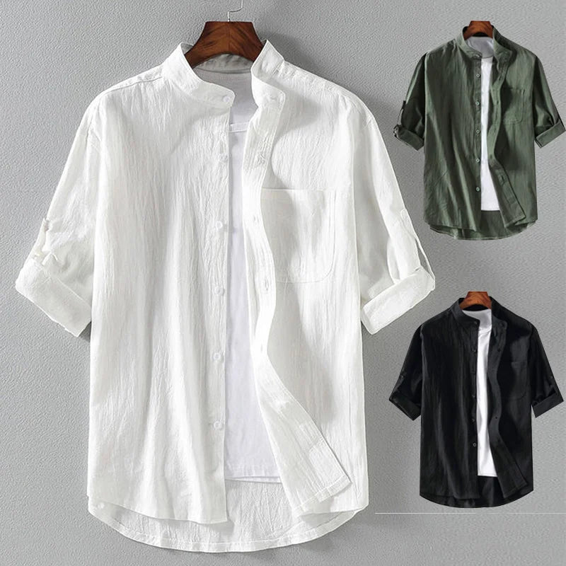 Mid-sleeve stand collar shirt in white